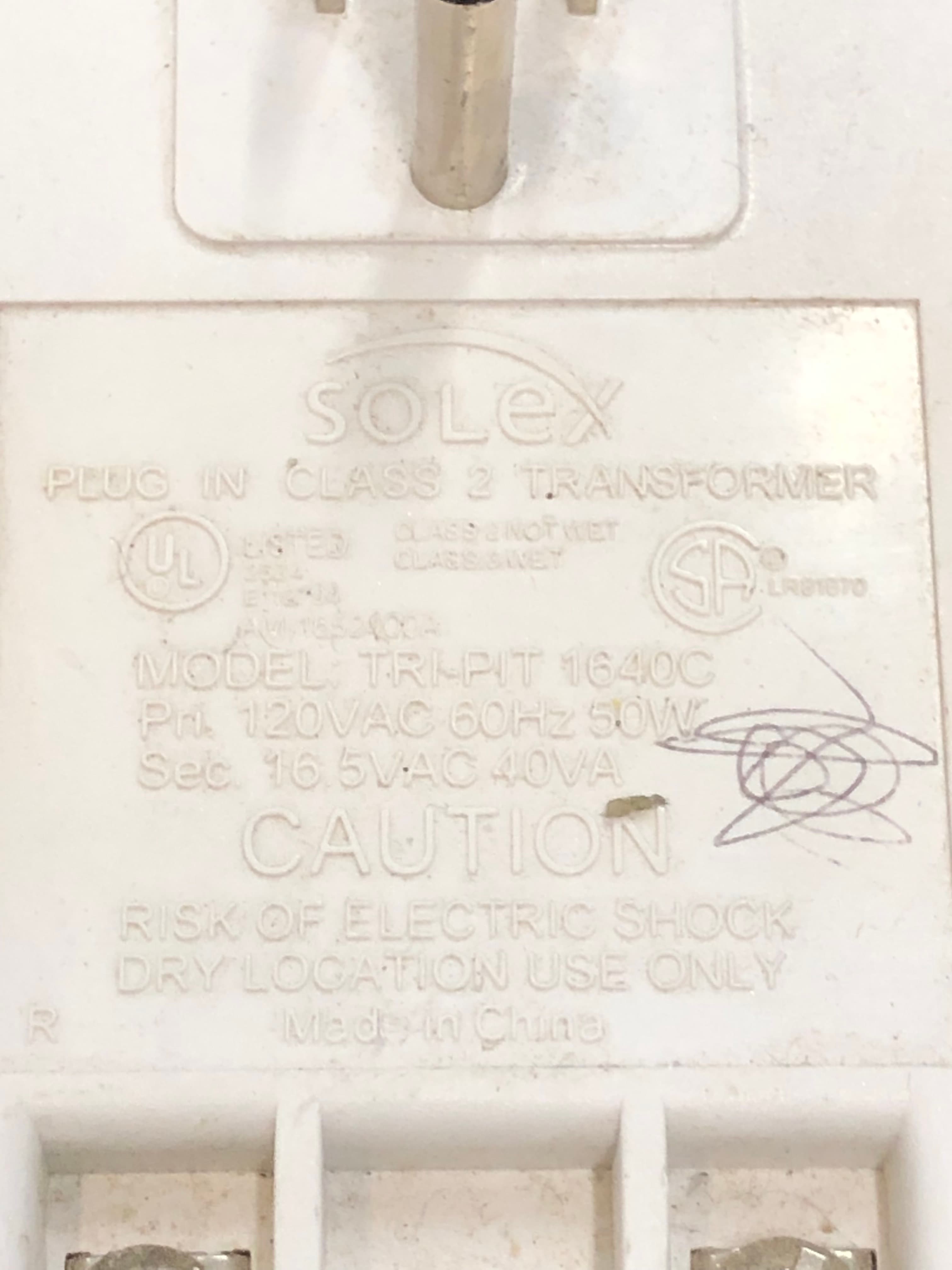 Solex Tri-Pit 1640C Plug-In Transformer 120VAC 16.5VAC 40VA Pre-Owned - Thumbnail 2