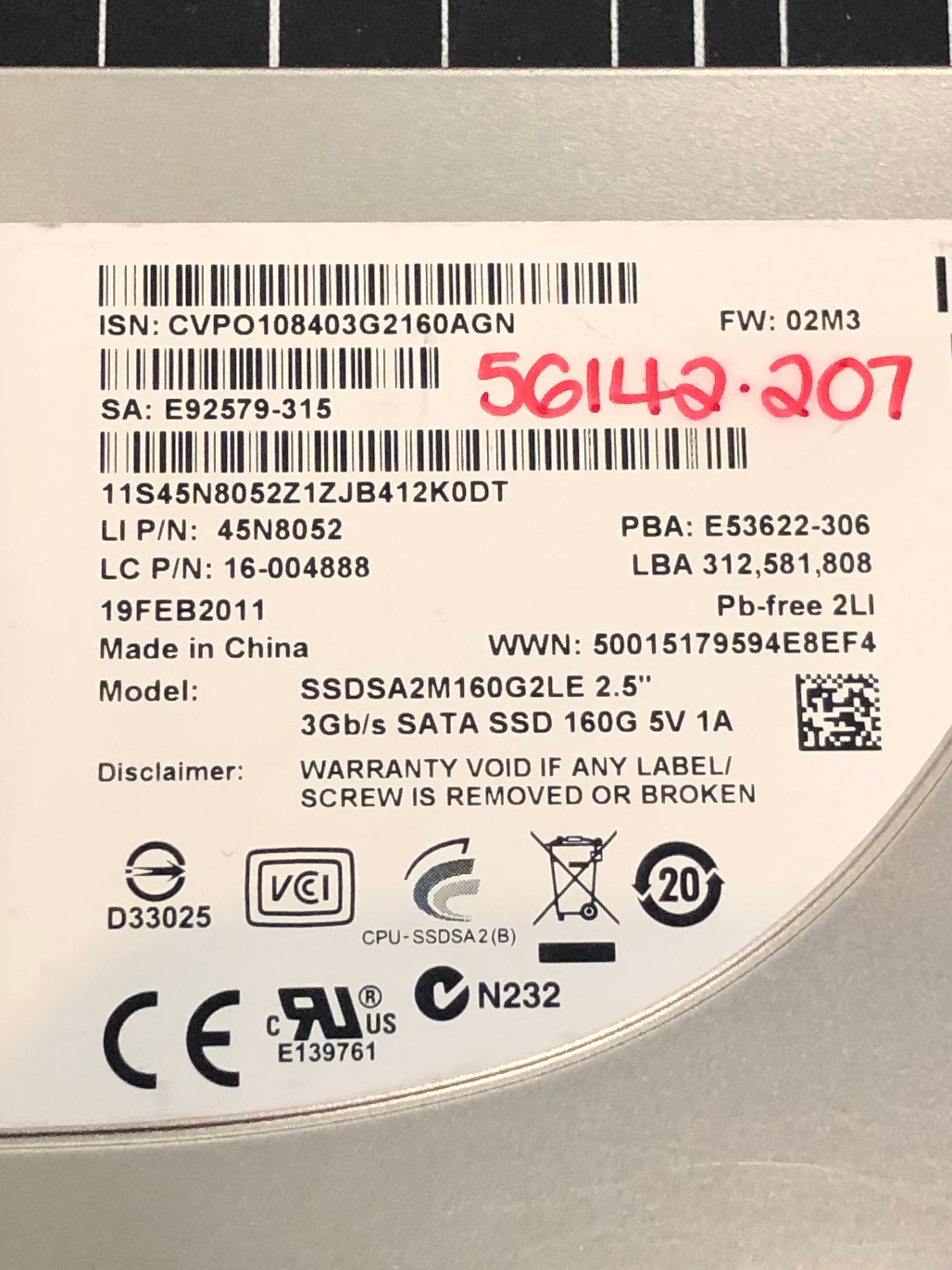 Intel SSDSA2M160G2LE 160GB 2.5" SATA SSD Pre-Owned - Thumbnail 2