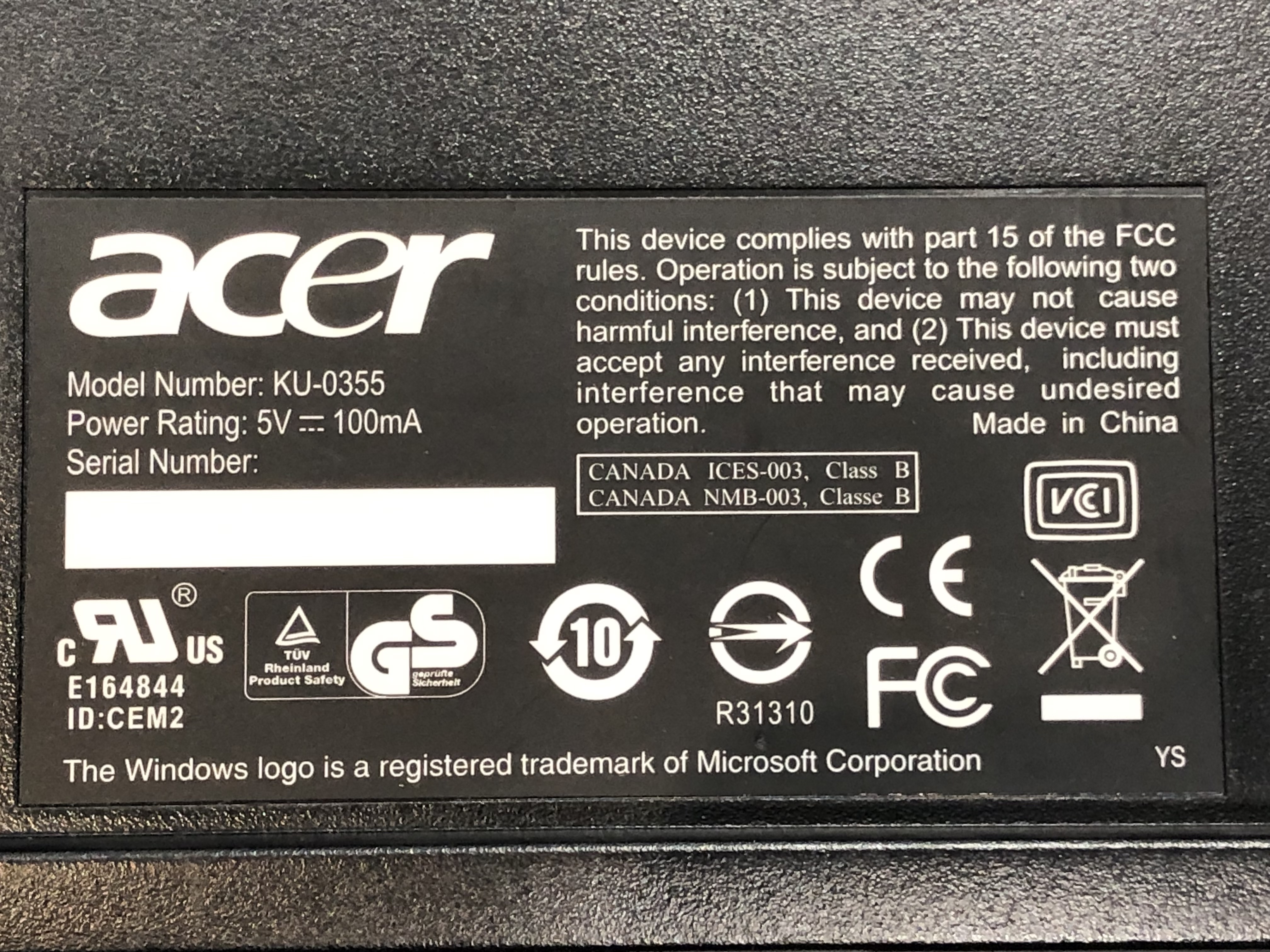 Acer KU-0355 Wired USB Keyboard Black/Silver Pre-Owned